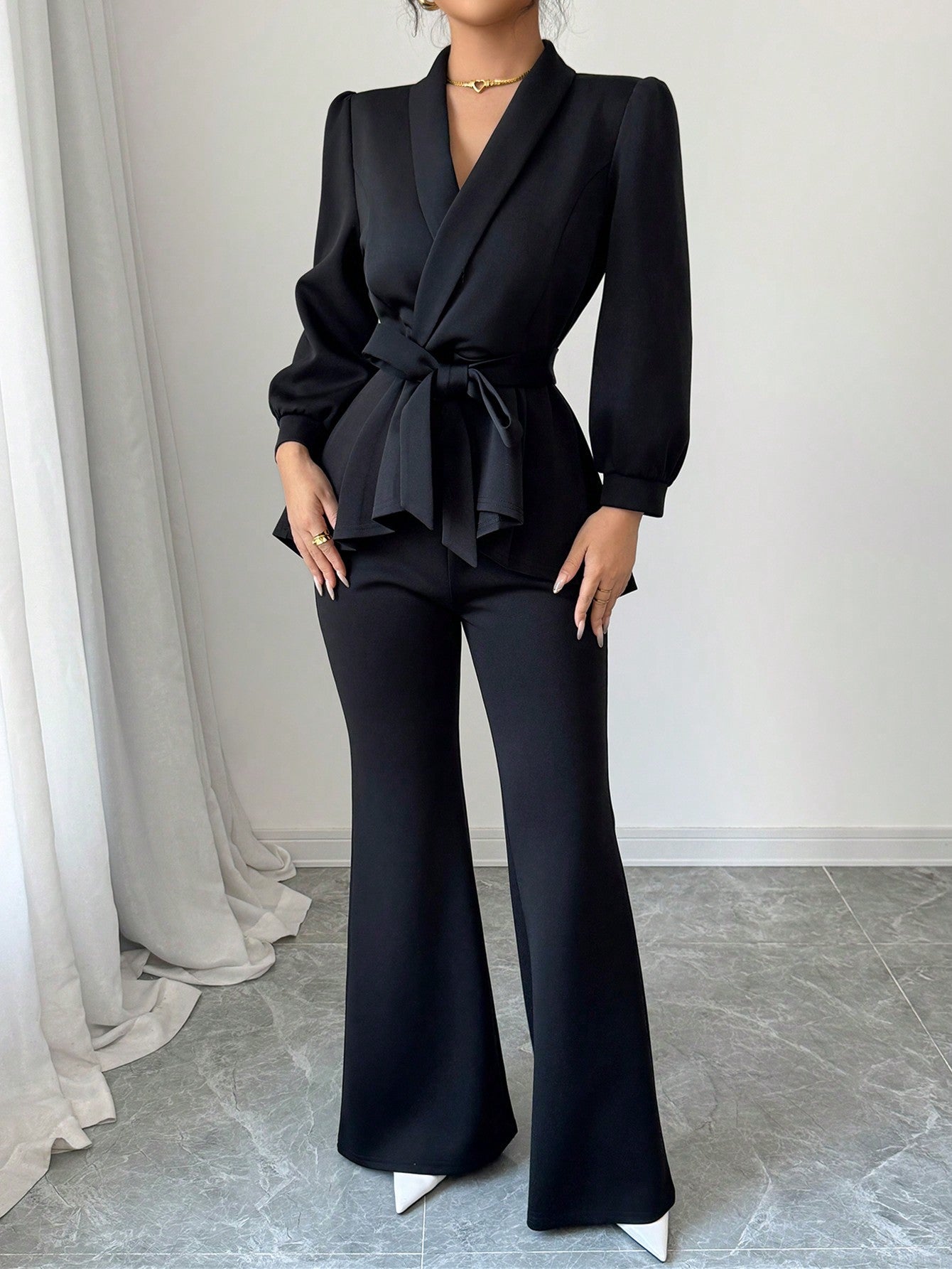 Conjunto Elegante Chaqueta Manga Farol y Pantalón Ancho
