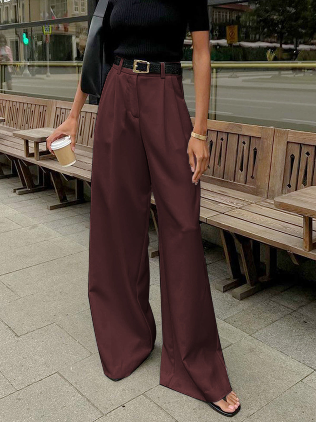 Pantalones de Pierna Ancha Lisos sin Cinturón