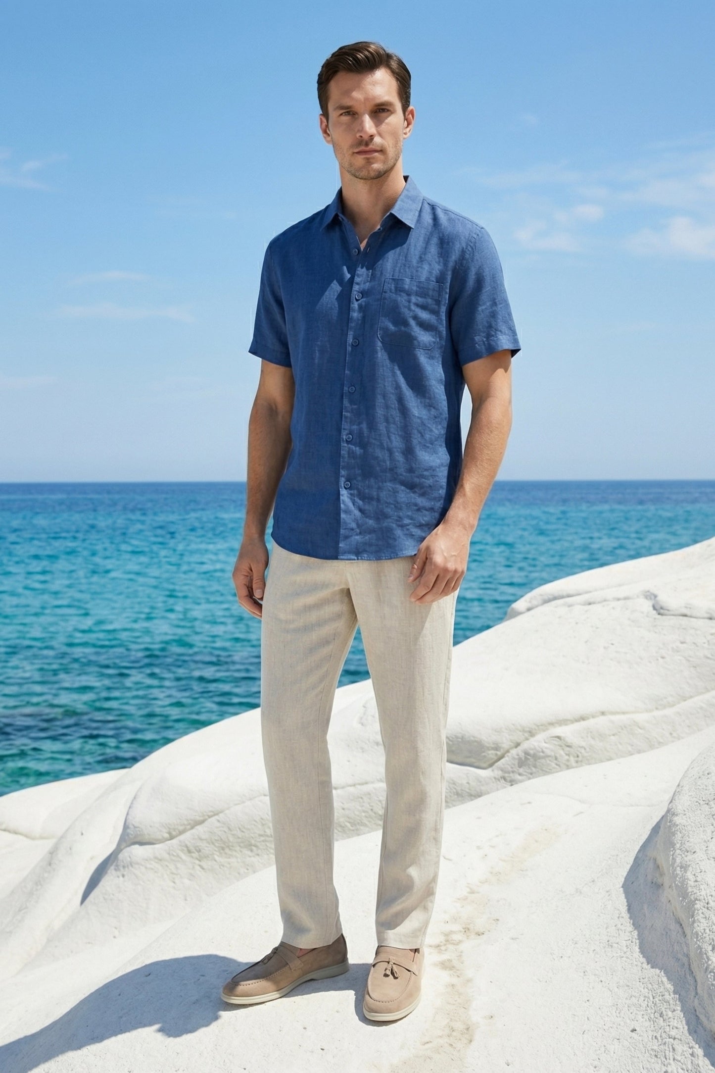 Trento | Conjunto de Lino — Azul/Beige