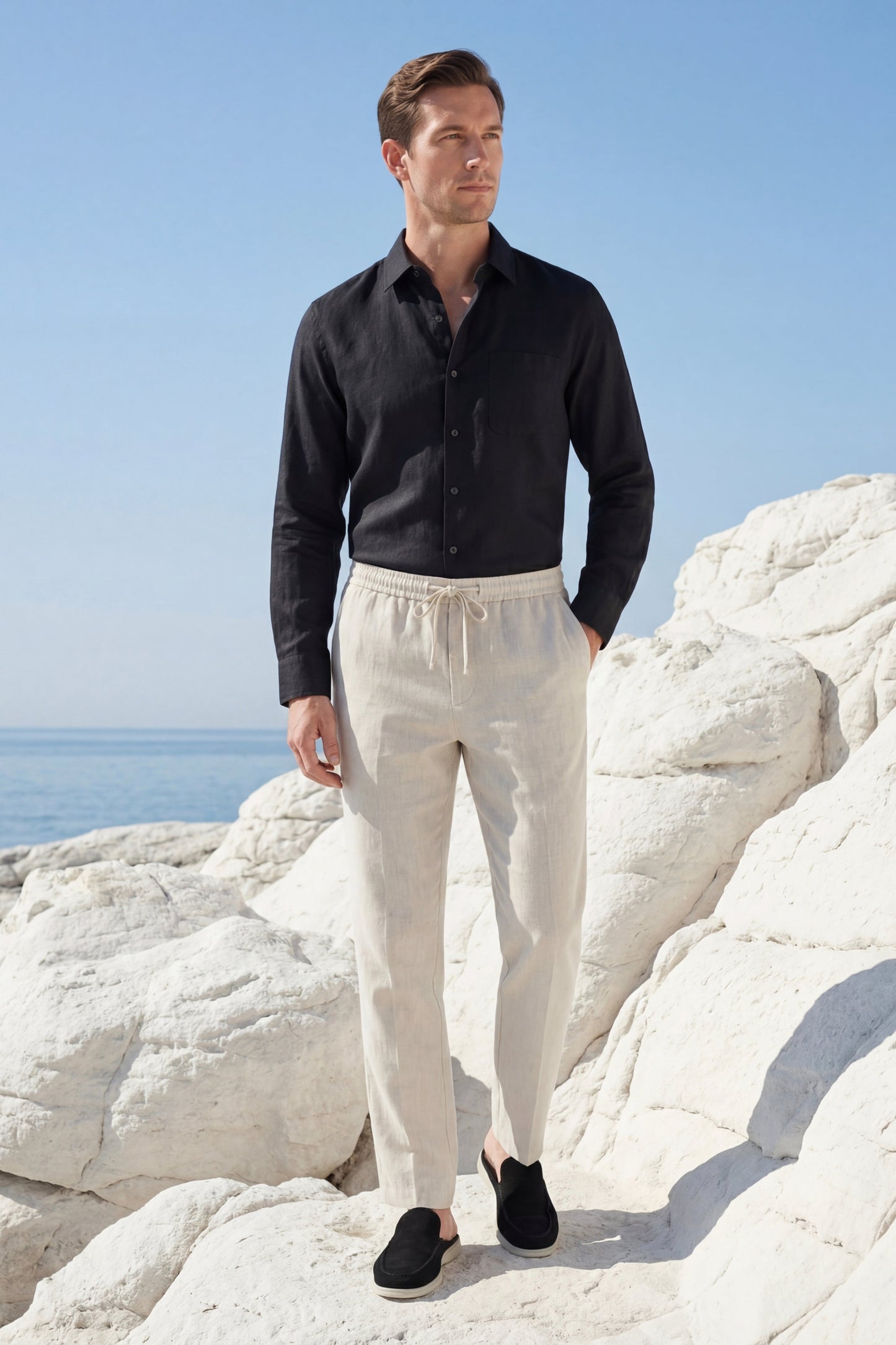 Pisa | Conjunto de Lino de Manga Larga — Negro/Beige