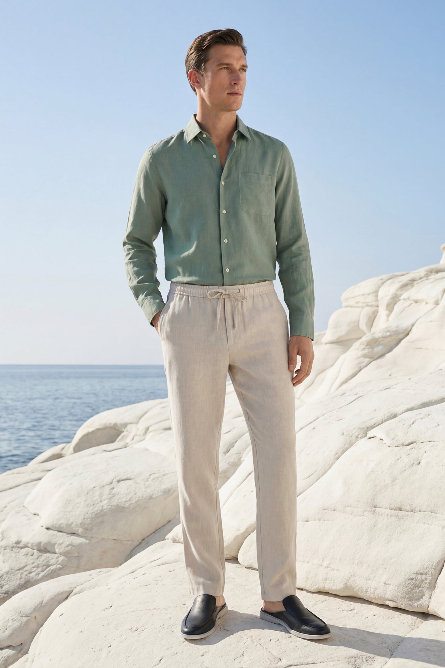 Pisa | Conjunto de Lino de Manga Larga — Verde/Beige
