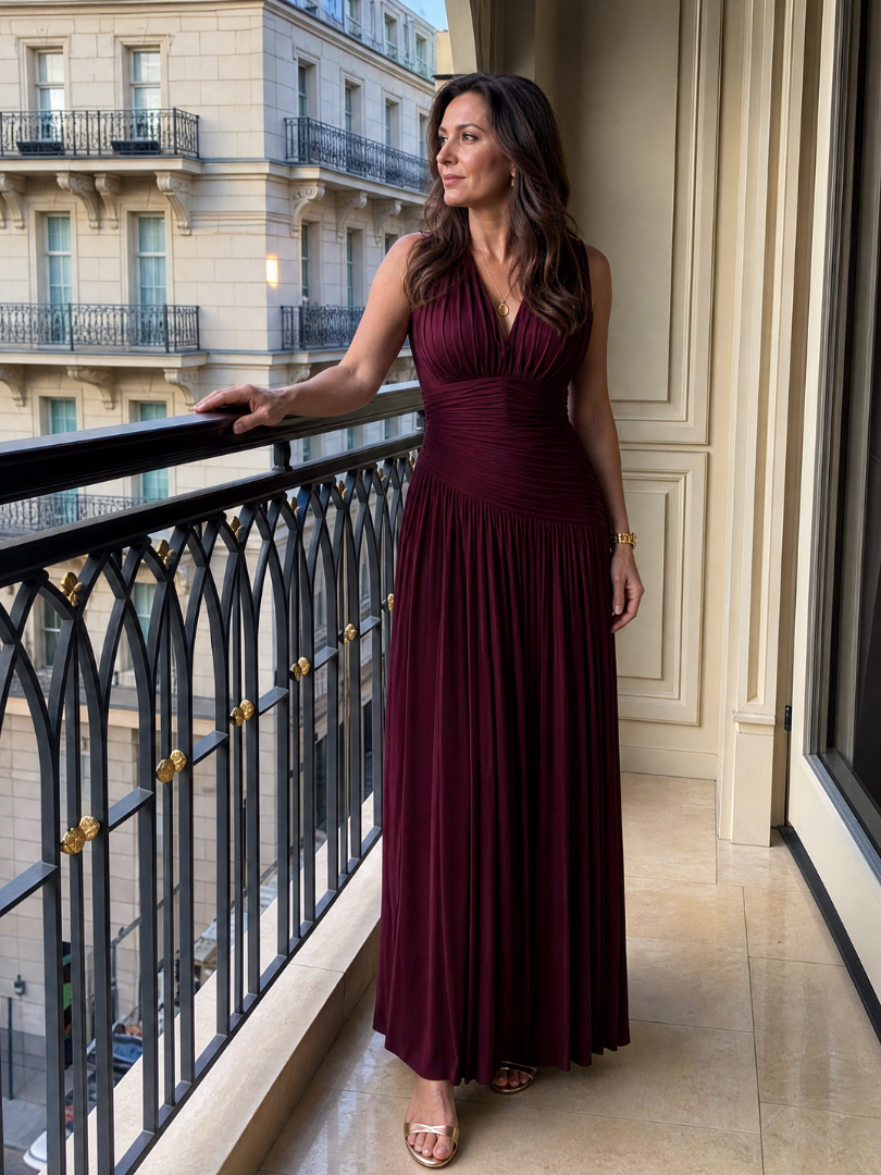 Vestido Largo Plisado con Cuello en V
