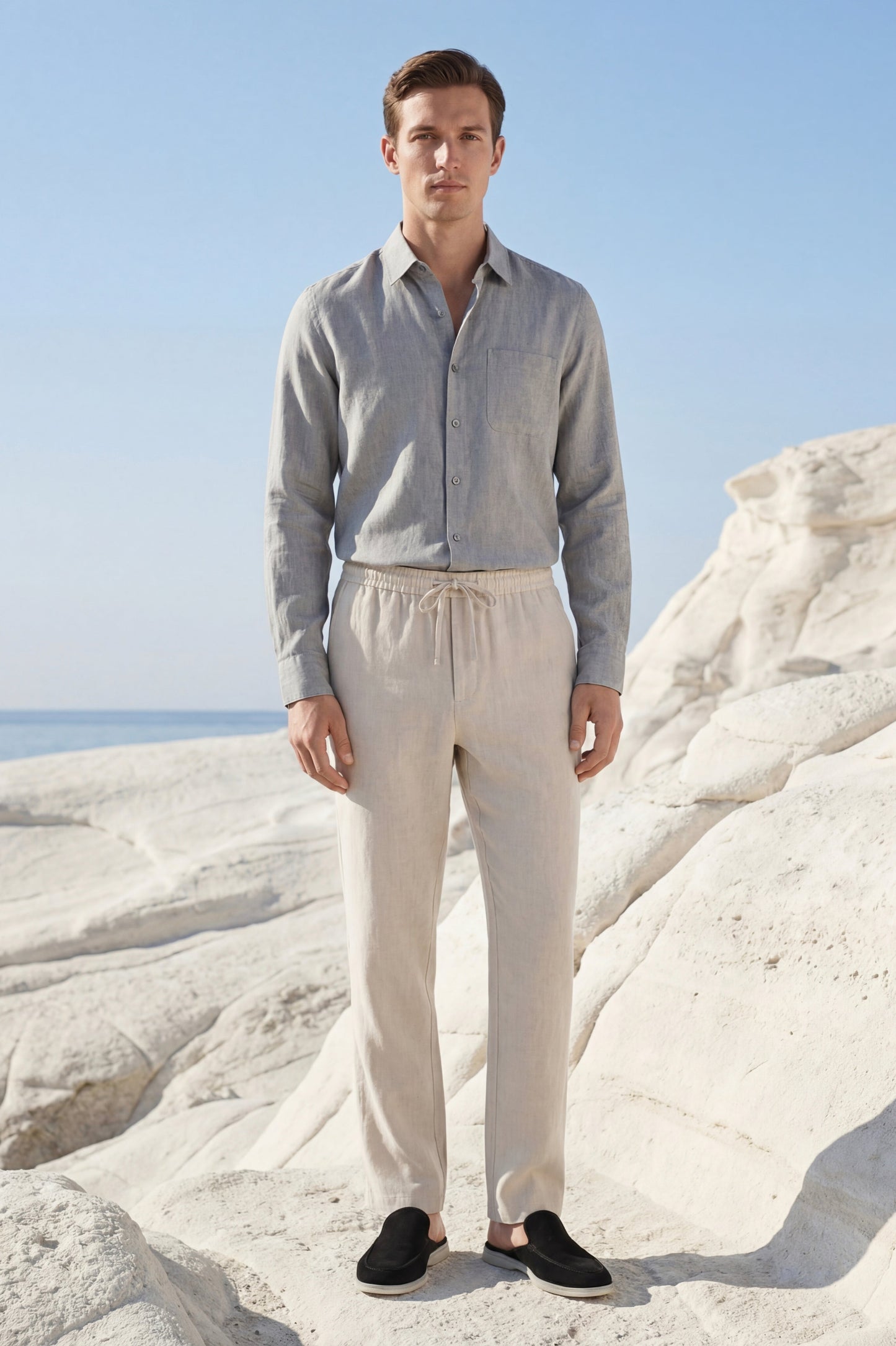Pisa | Conjunto de Lino de Manga Larga — Gris/Beige