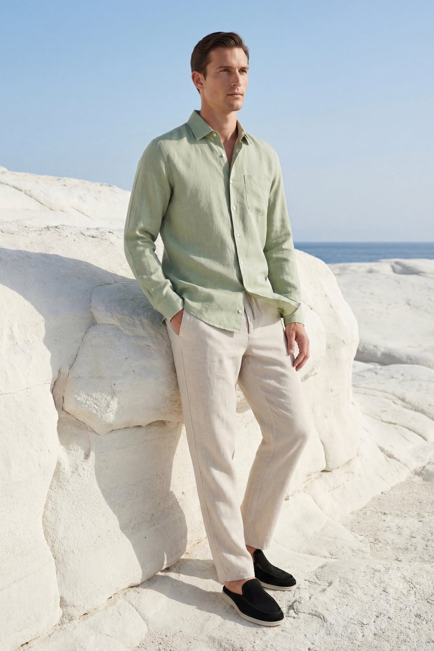 Pisa | Conjunto de Lino de Manga Larga — Verde menta/Beige