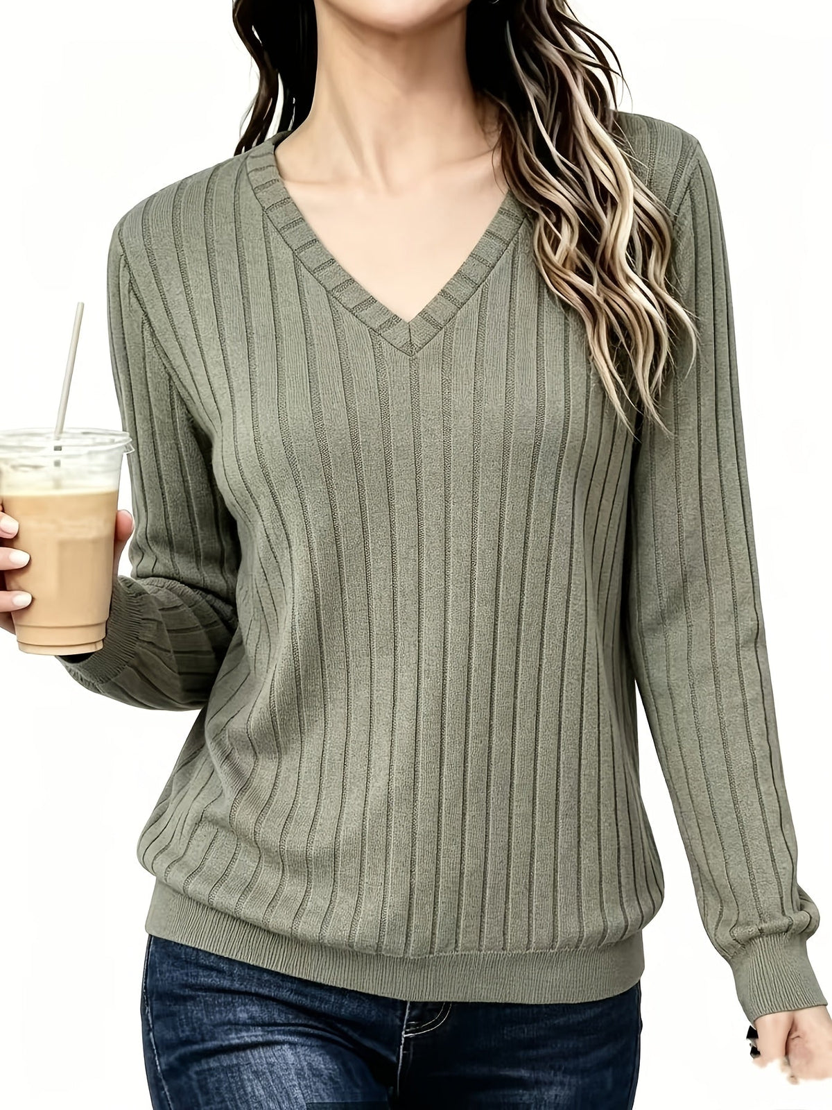 Jersey de canalé cepillado con cuello en V
