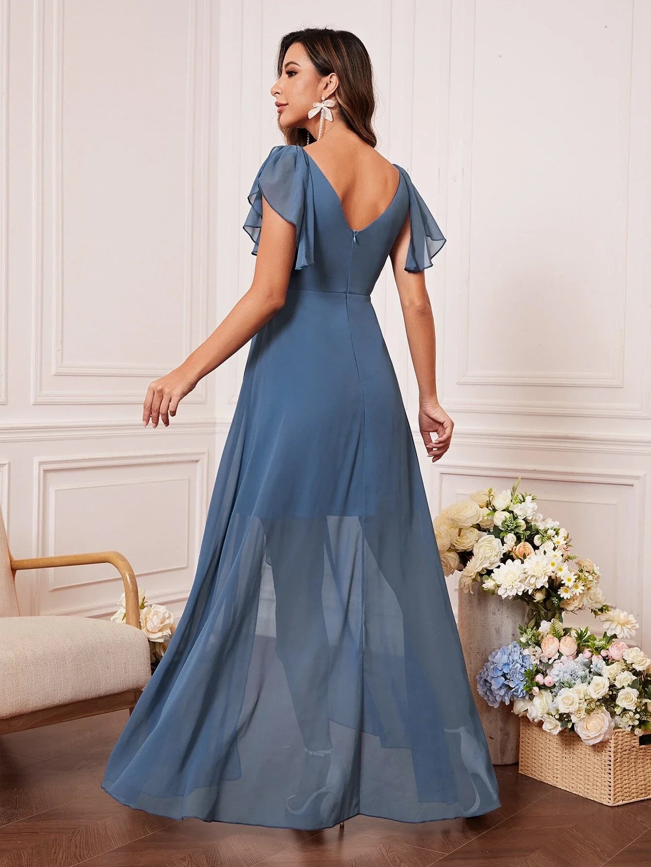 Vestido de Dama de Honor en Chiffon con Mangas Mariposa Plisado