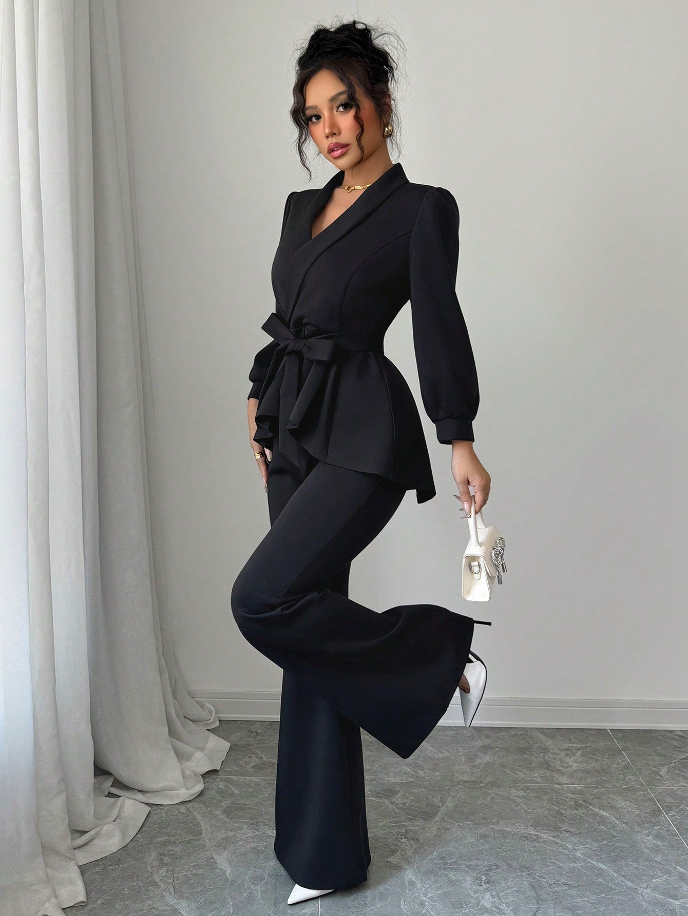 Conjunto Elegante Chaqueta Manga Farol y Pantalón Ancho