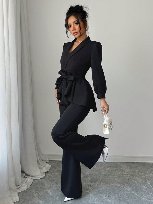 Conjunto Elegante Chaqueta Manga Farol y Pantalón Ancho