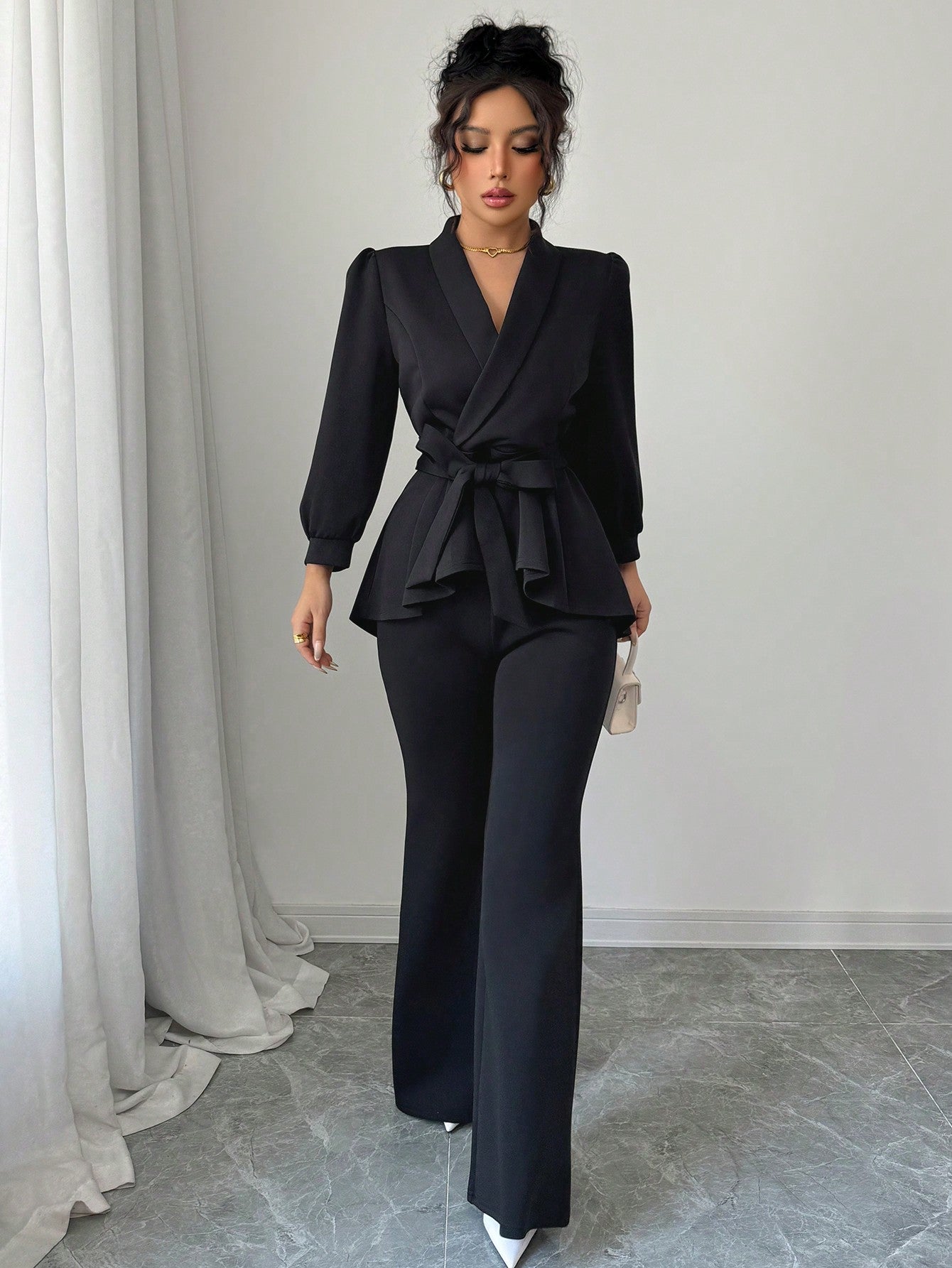 Conjunto Elegante Chaqueta Manga Farol y Pantalón Ancho