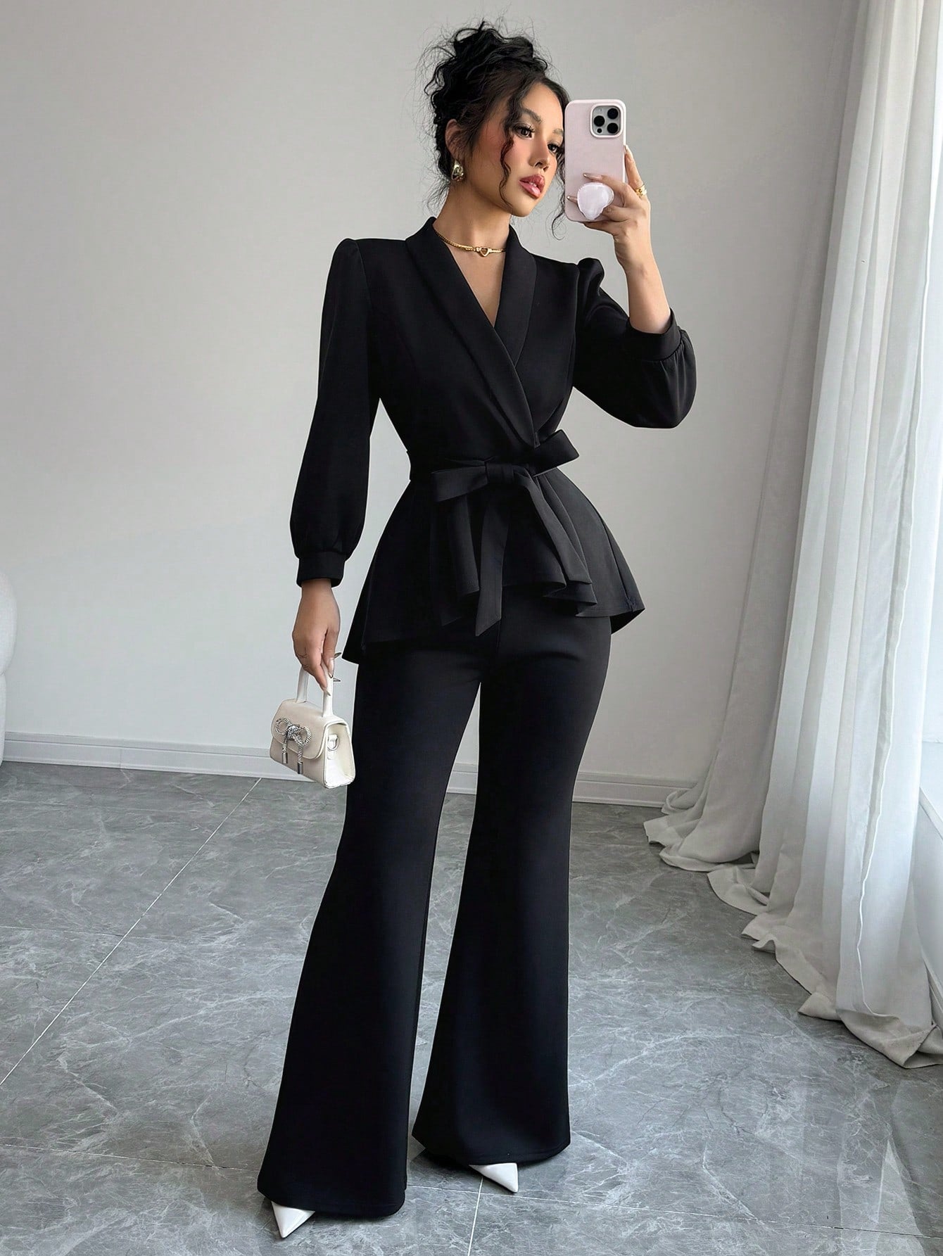 Conjunto Elegante Chaqueta Manga Farol y Pantalón Ancho