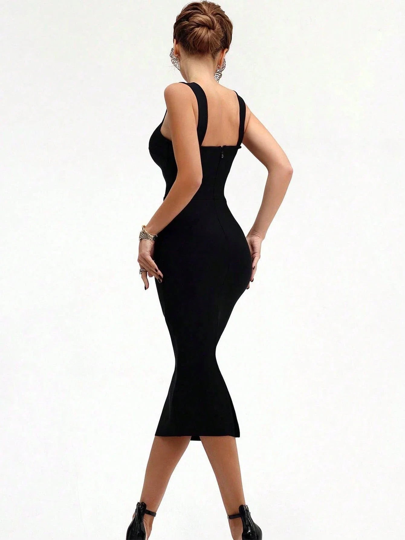 Vestido Midi Ajustado con Escote en V y Strass