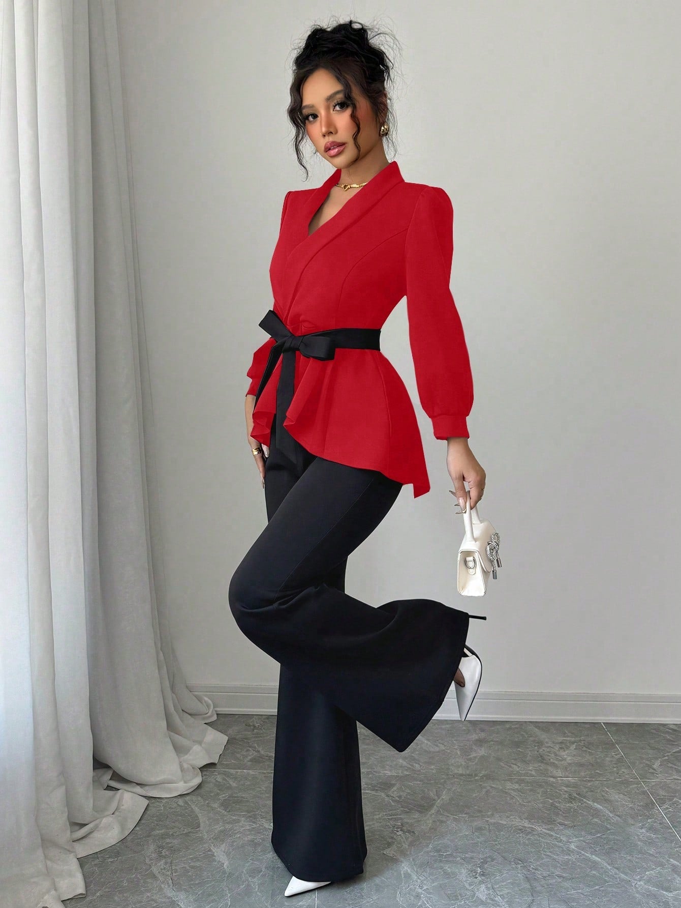 Conjunto Elegante Chaqueta Manga Farol y Pantalón Ancho