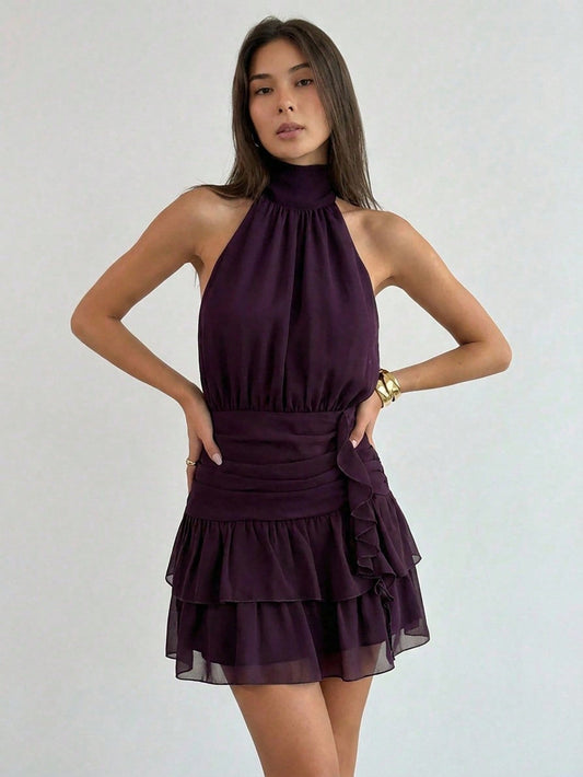 Vestido Corto Cuello Halter con Volantes