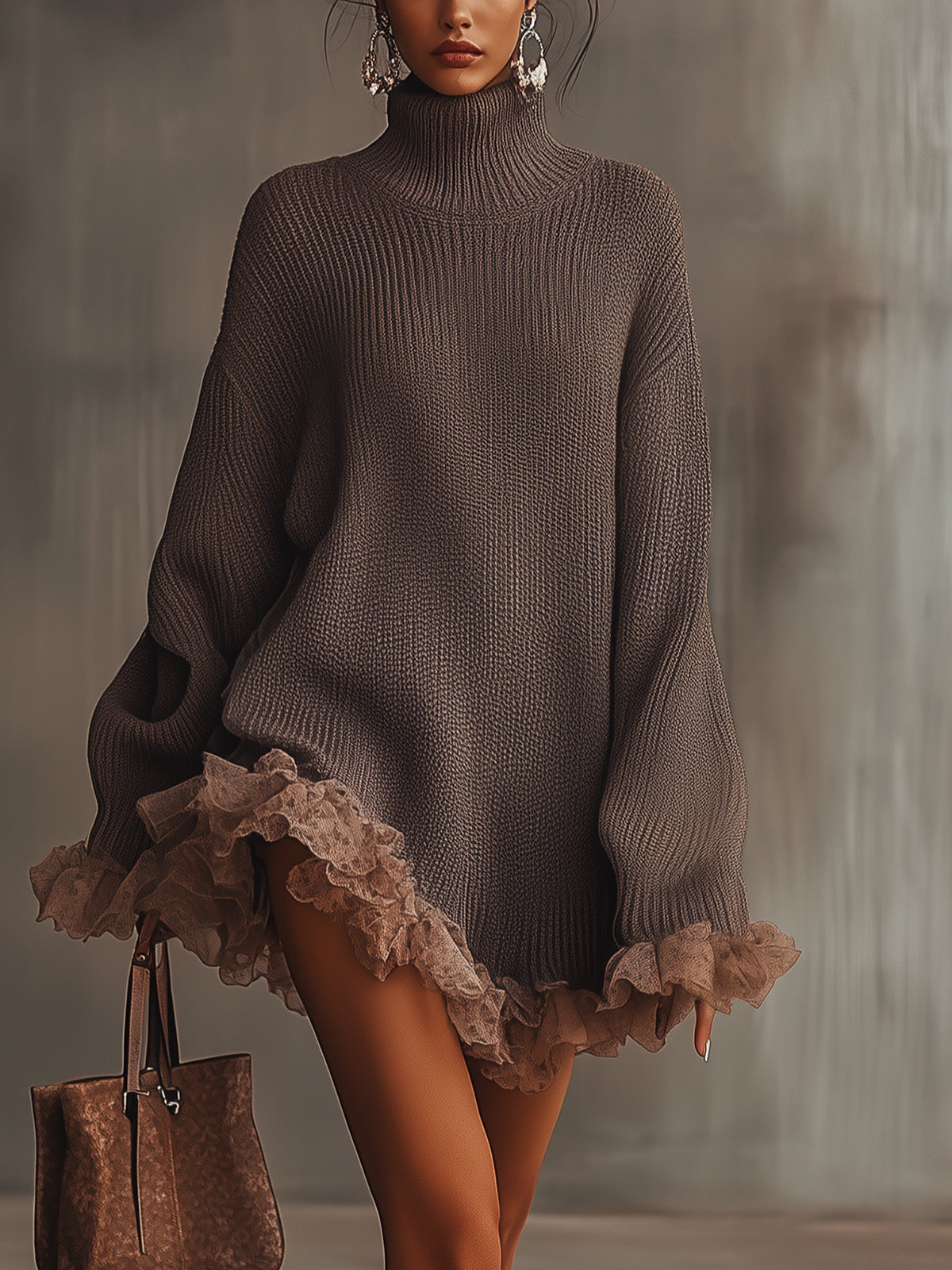 Vestido Cálido de Punto con Cuello Alto y Volantes