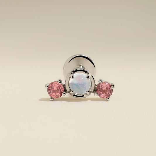 Moonstone & Padparadscha Cluster Piercing Stud in Solid White Gold