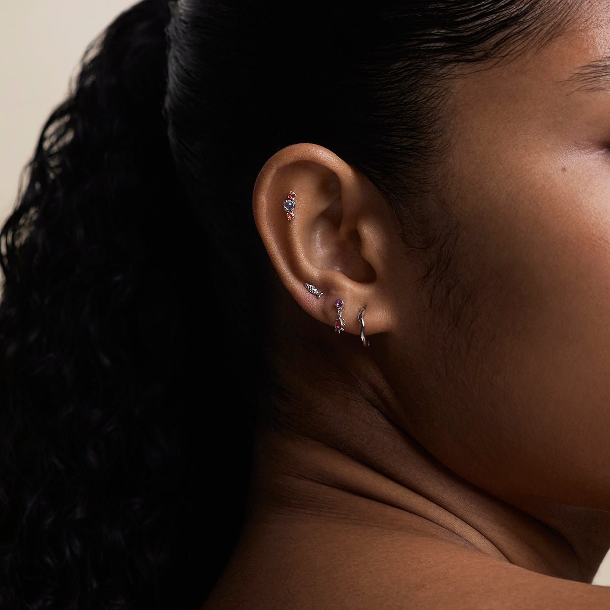 Moonstone & Padparadscha Cluster Piercing Stud in Solid White Gold