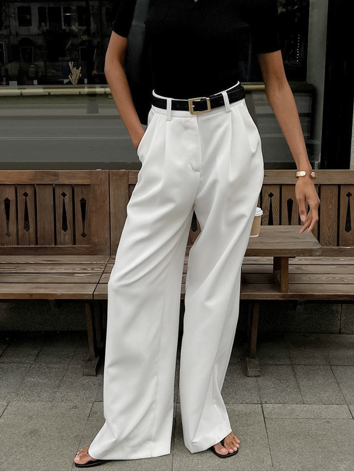 Pantalones de Pierna Ancha Lisos sin Cinturón