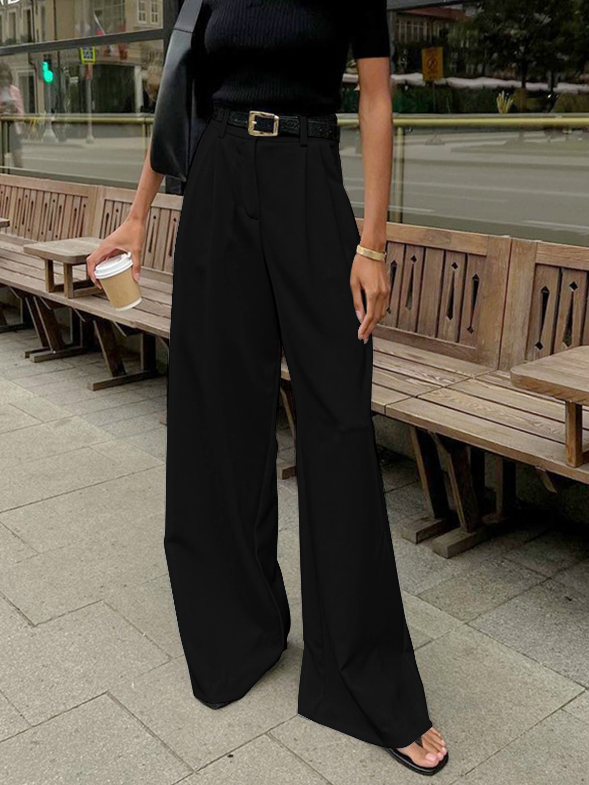 Pantalones de Pierna Ancha Lisos sin Cinturón
