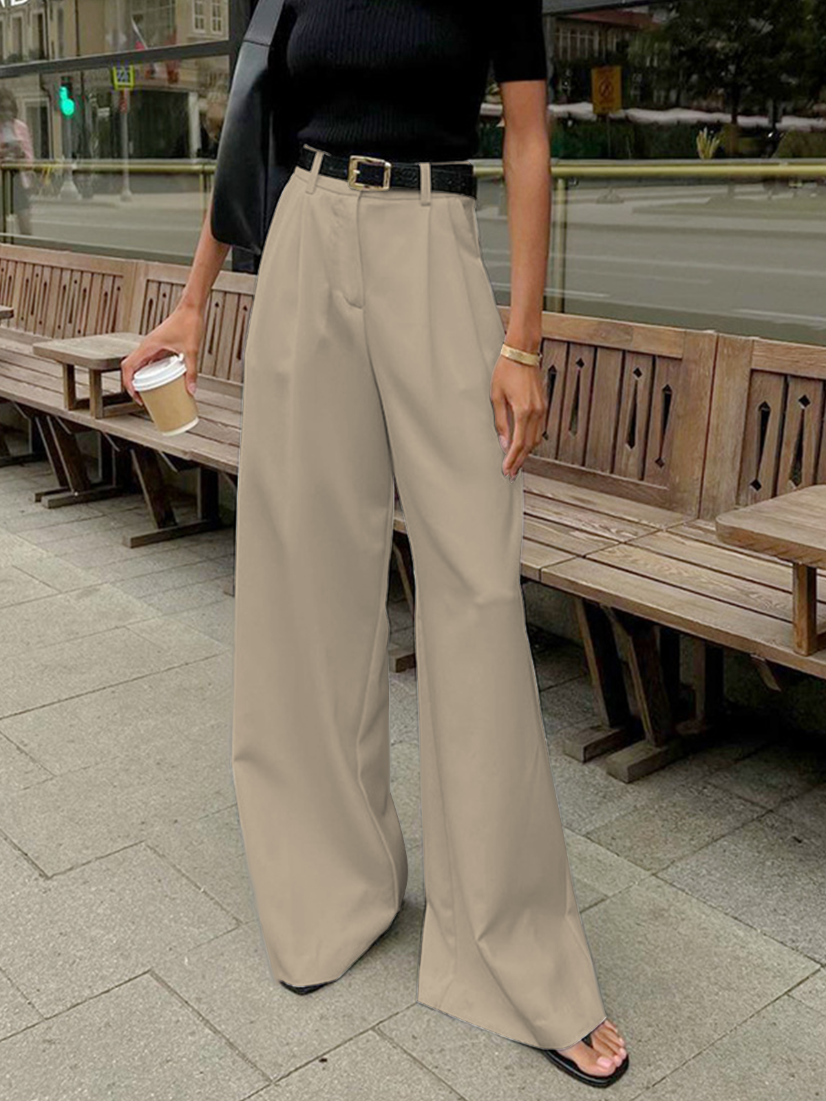 Pantalones de Pierna Ancha Lisos sin Cinturón