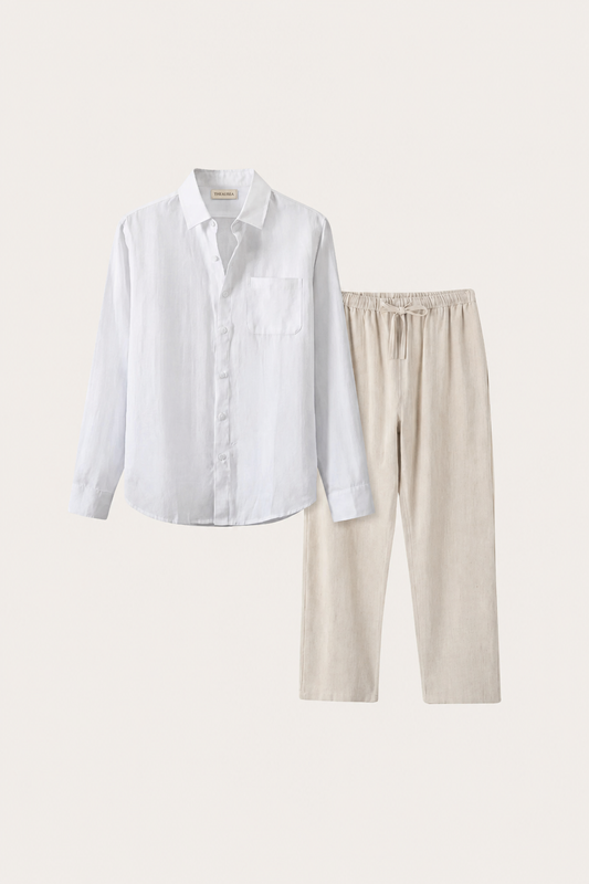Pisa | Conjunto de Lino de Manga Larga — Blanco/Beige