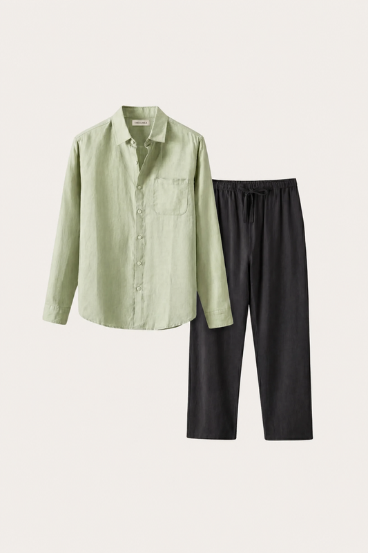 Pisa | Conjunto de Lino de Manga Larga — Verde menta/Negro