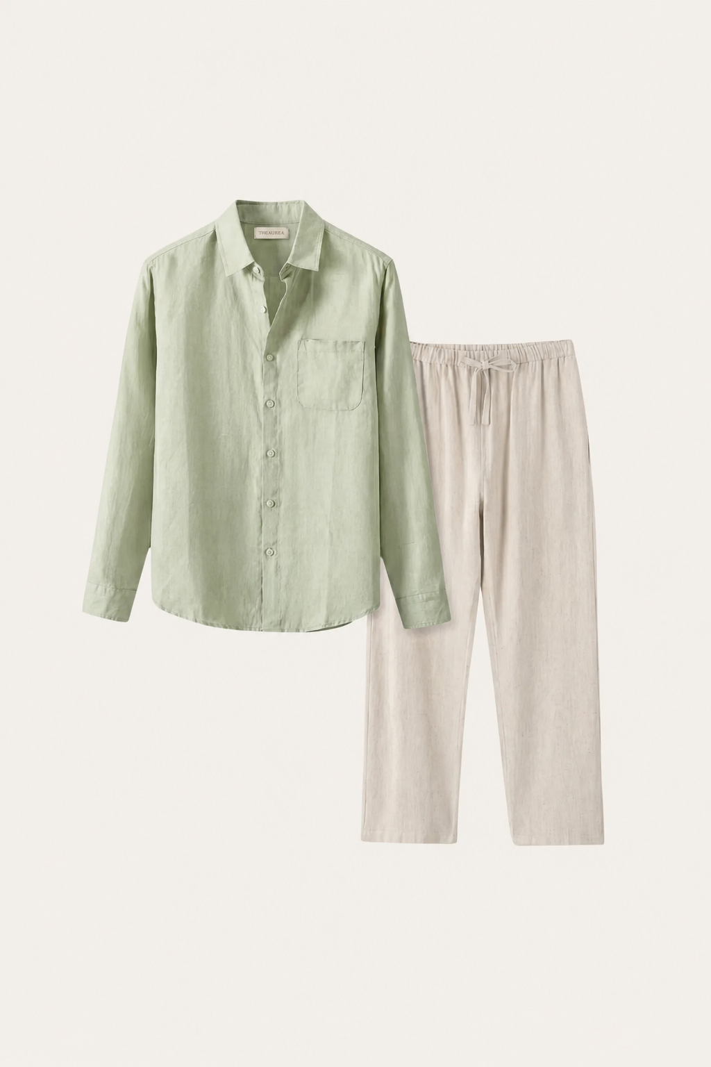 Pisa | Conjunto de Lino de Manga Larga — Verde menta/Beige