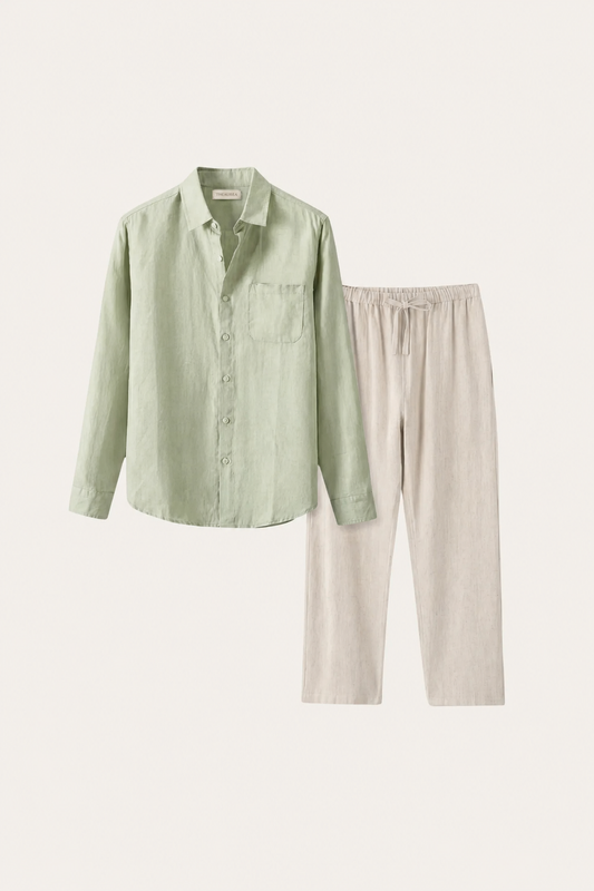 Pisa | Conjunto de Lino de Manga Larga — Verde menta/Beige