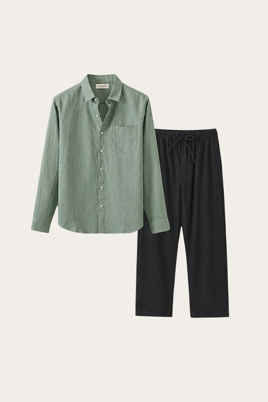 Pisa | Conjunto de Lino de Manga Larga — Verde/Negro