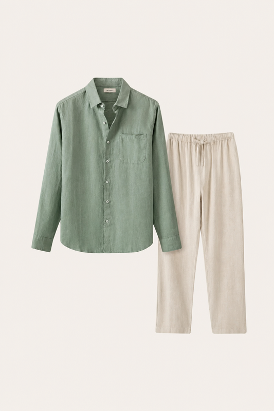 Pisa | Conjunto de Lino de Manga Larga — Verde/Beige