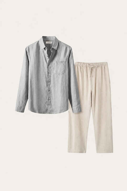 Pisa | Conjunto de Lino de Manga Larga — Gris/Beige