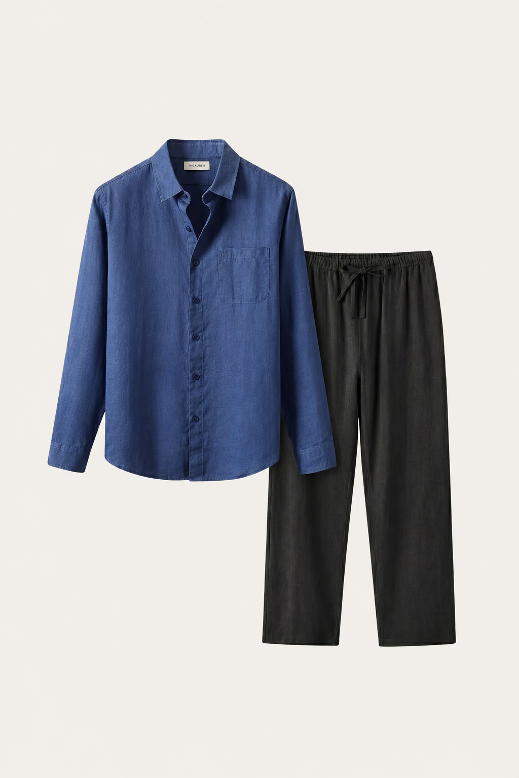 Pisa | Conjunto de Lino de Manga Larga — Azul/Negro
