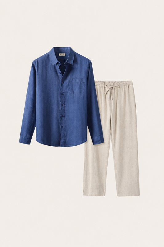 Pisa | Conjunto de Lino de Manga Larga — Azul/Beige