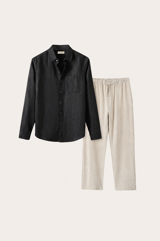 Pisa | Conjunto de Lino de Manga Larga — Negro/Beige