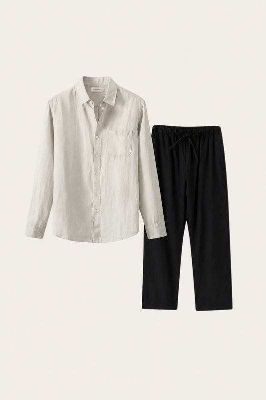 Pisa | Conjunto de Lino de Manga Larga — Beige/Negro