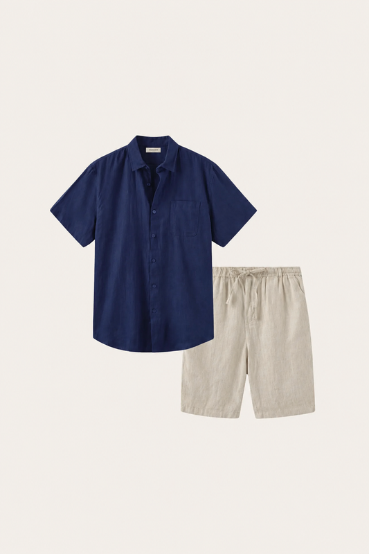 Verona | Camisa de Lino y Pantalón Corto — Azul marino/Beige