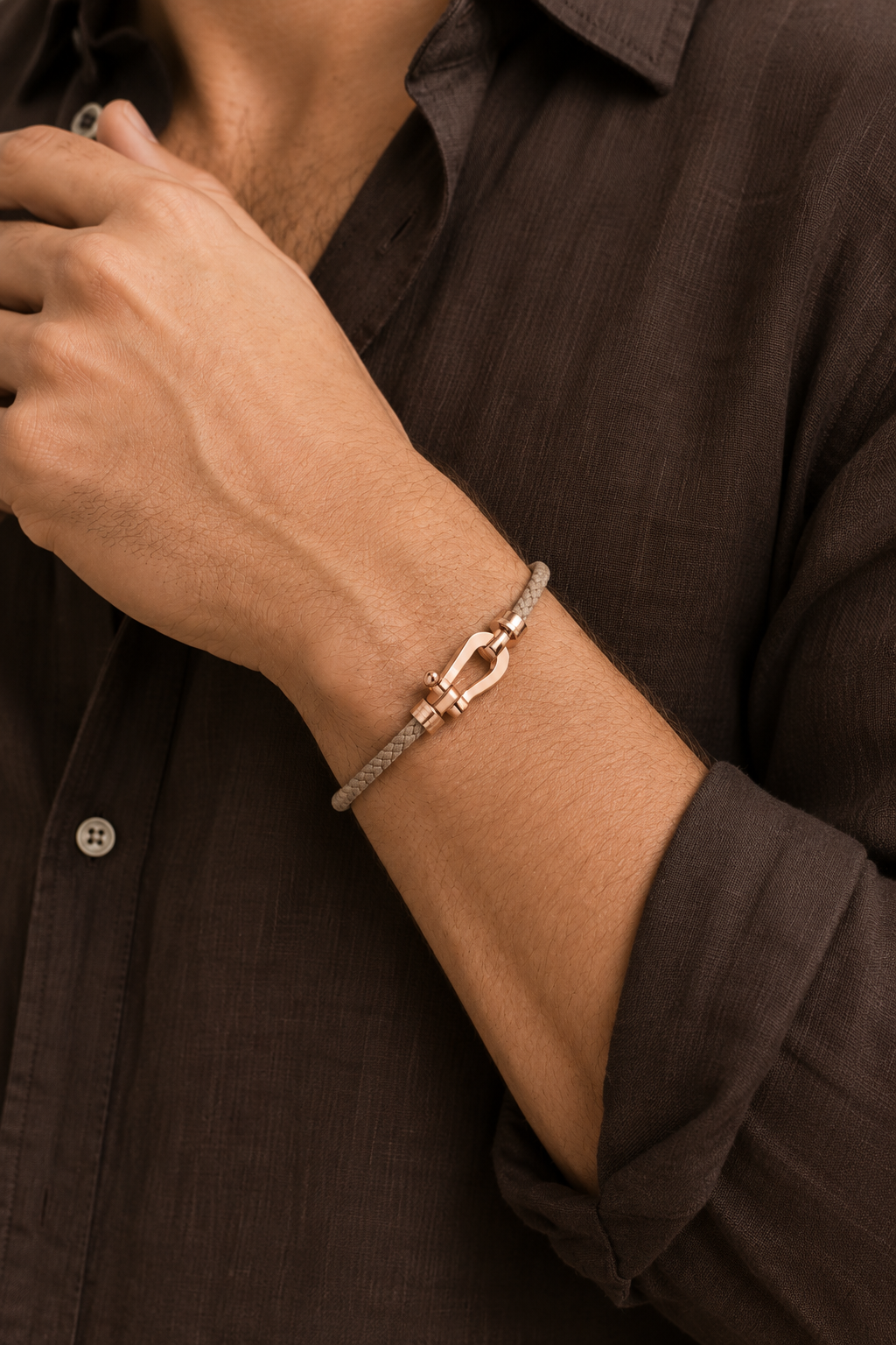Aurelio | Pulsera Náutica Marrón Claro y Oro Rosa