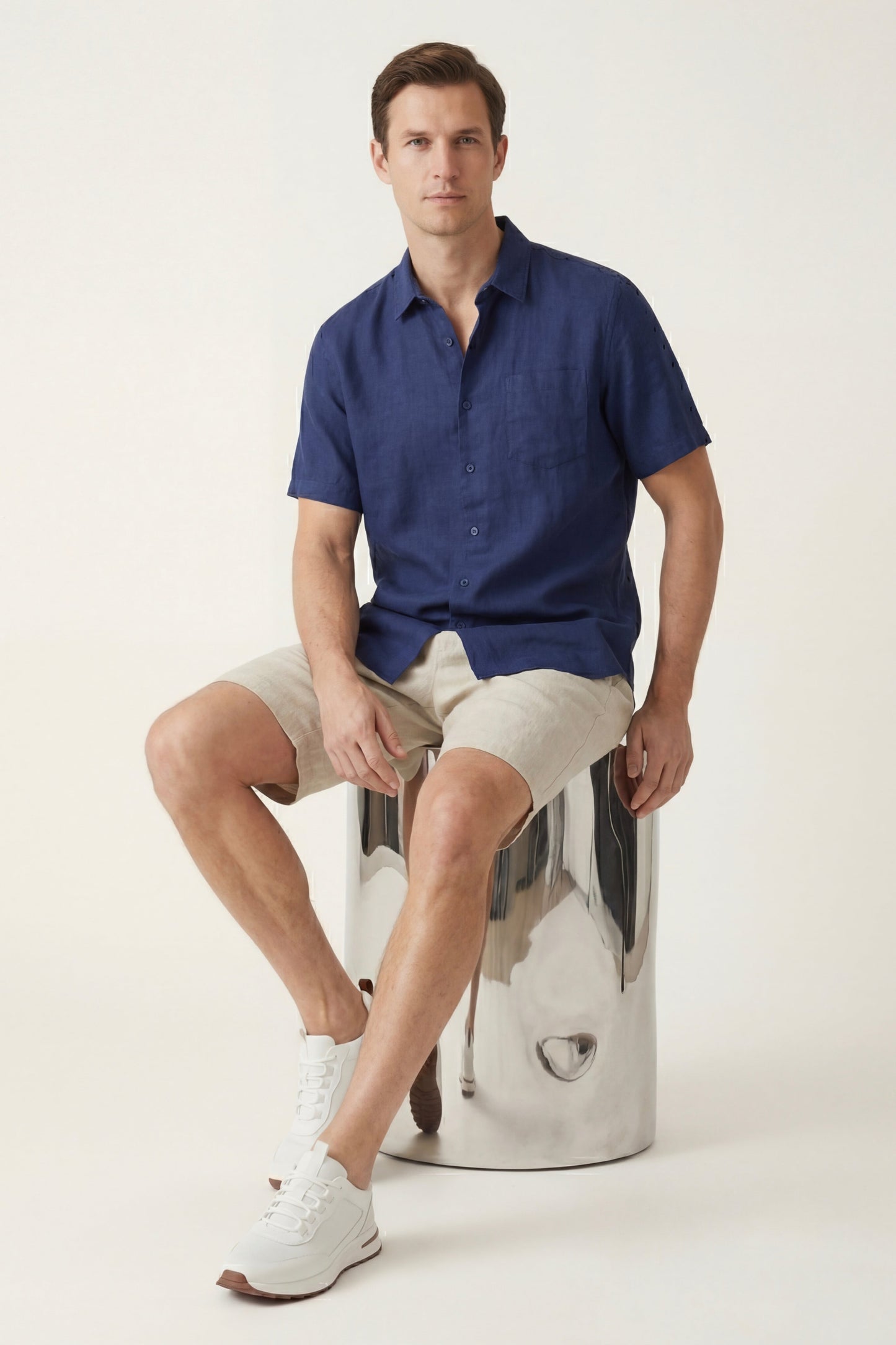 Verona | Camisa de Lino y Pantalón Corto — Azul marino/Beige