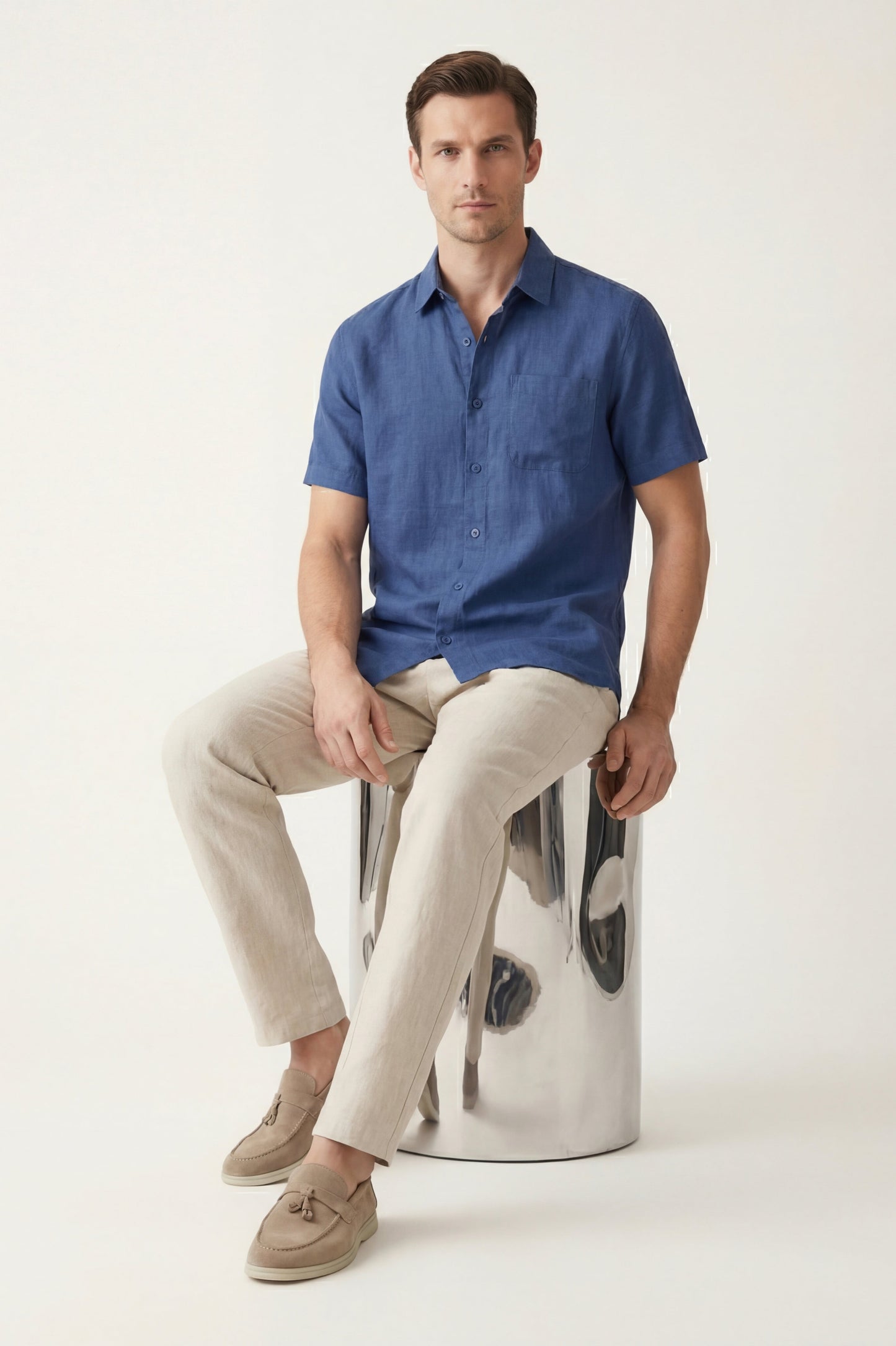 Trento | Conjunto de Lino — Azul/Beige