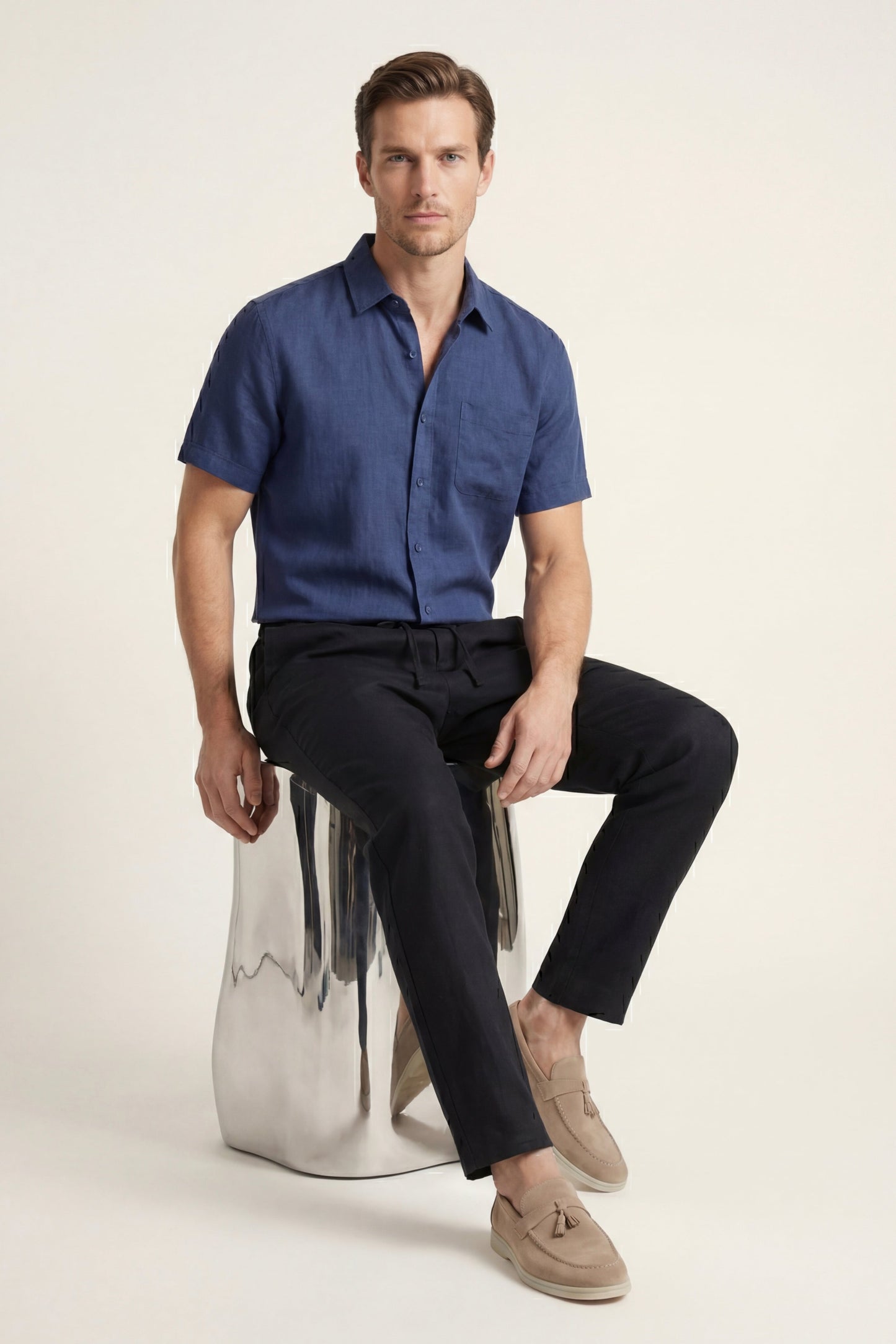 Trento | Conjunto de Lino — Azul/Negro