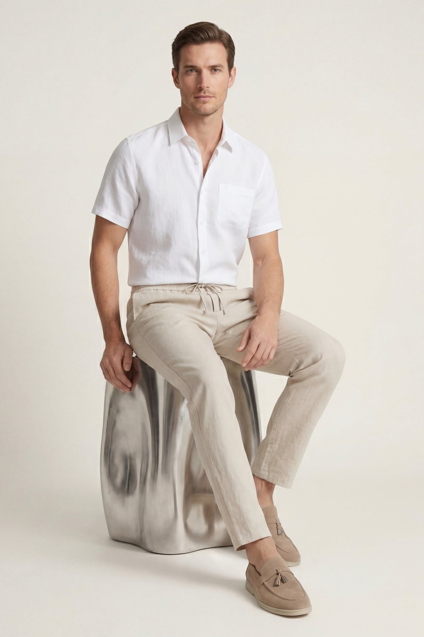 Trento | Conjunto de Lino — Blanco/Beige
