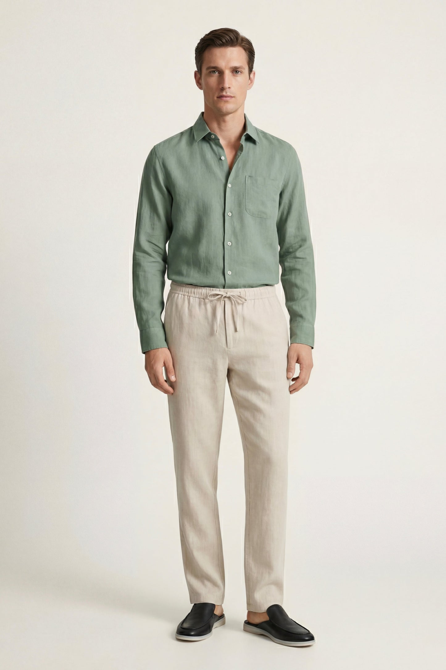 Pisa | Conjunto de Lino de Manga Larga — Verde/Beige