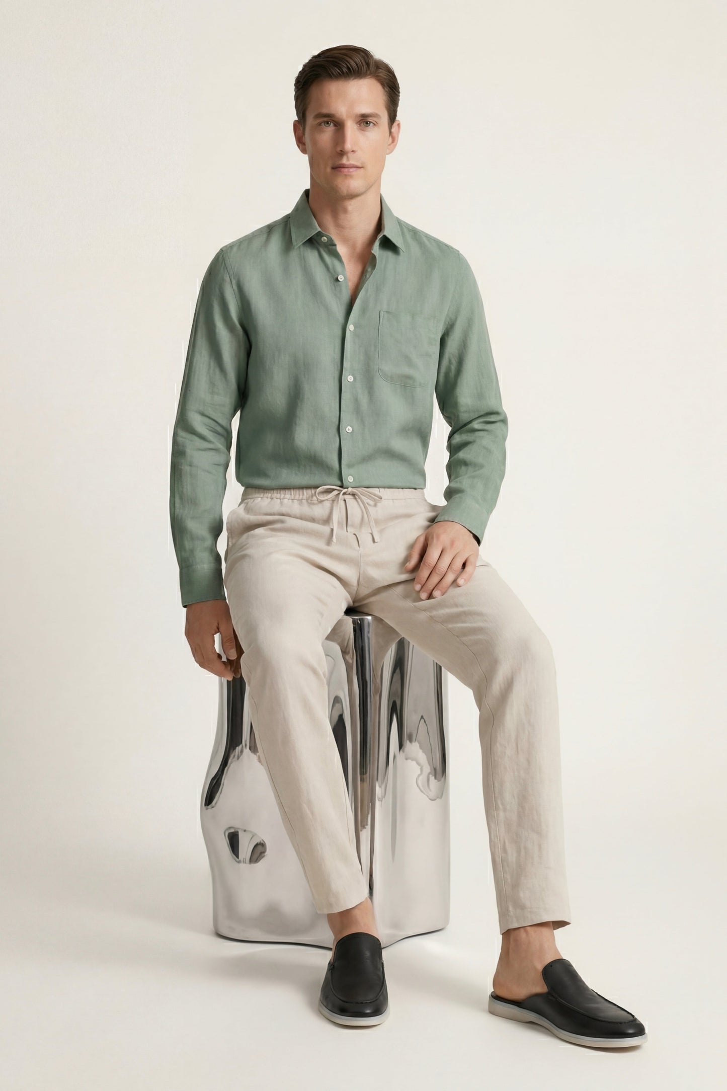 Pisa | Conjunto de Lino de Manga Larga — Verde/Beige