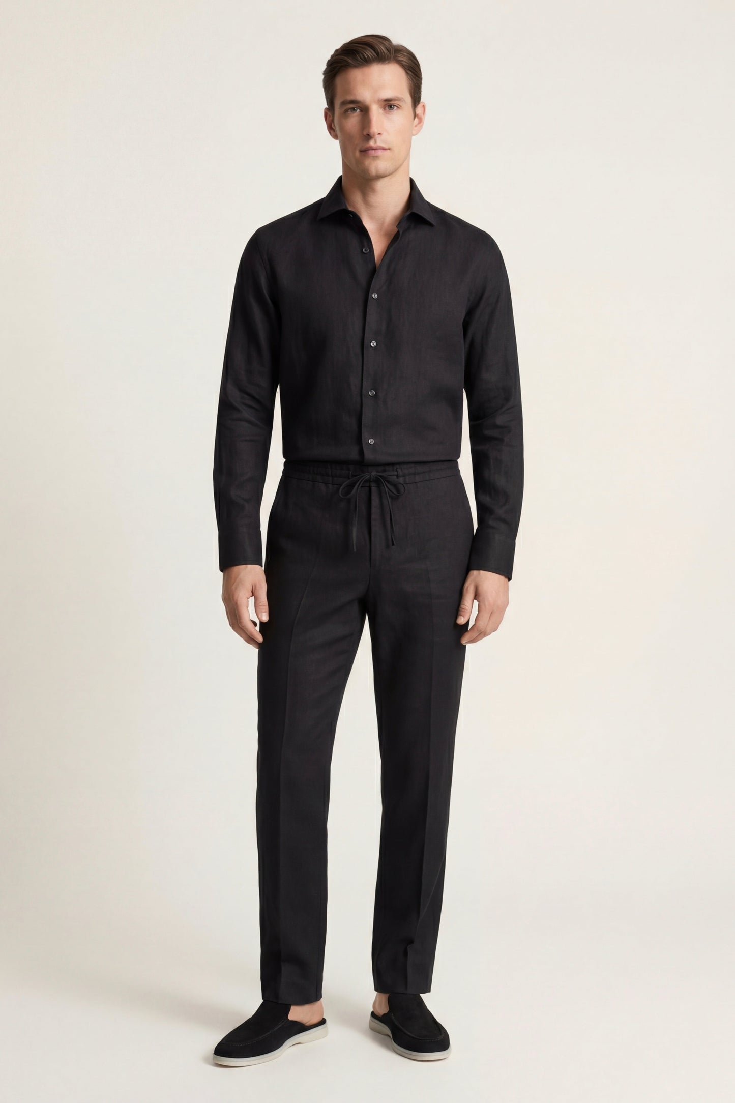 Pisa | Conjunto de Lino de Manga Larga — Negro/Negro