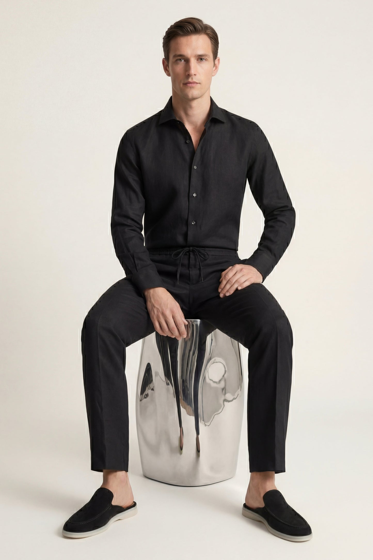 Pisa | Conjunto de Lino de Manga Larga — Negro/Negro