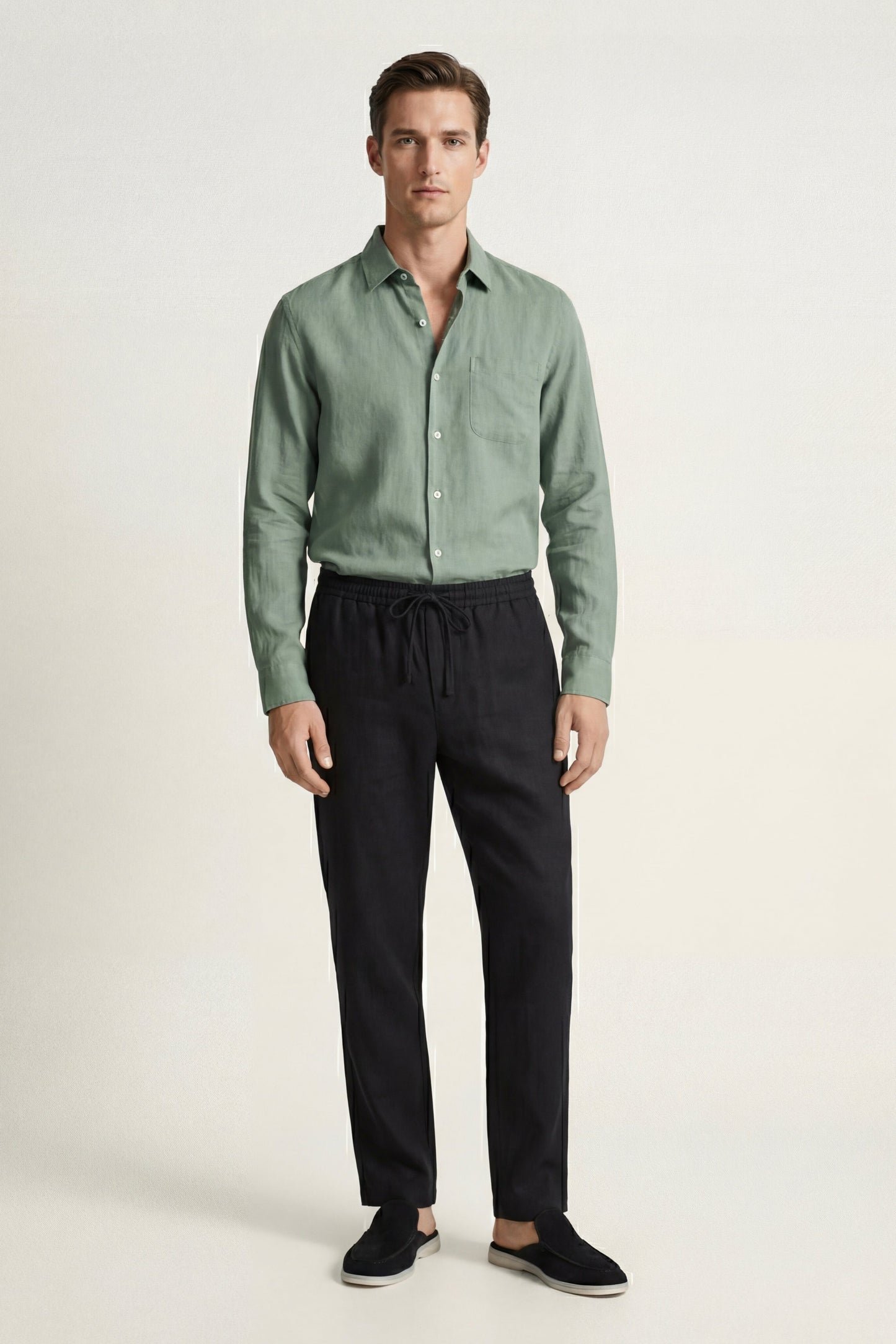 Pisa | Conjunto de Lino de Manga Larga — Verde/Negro