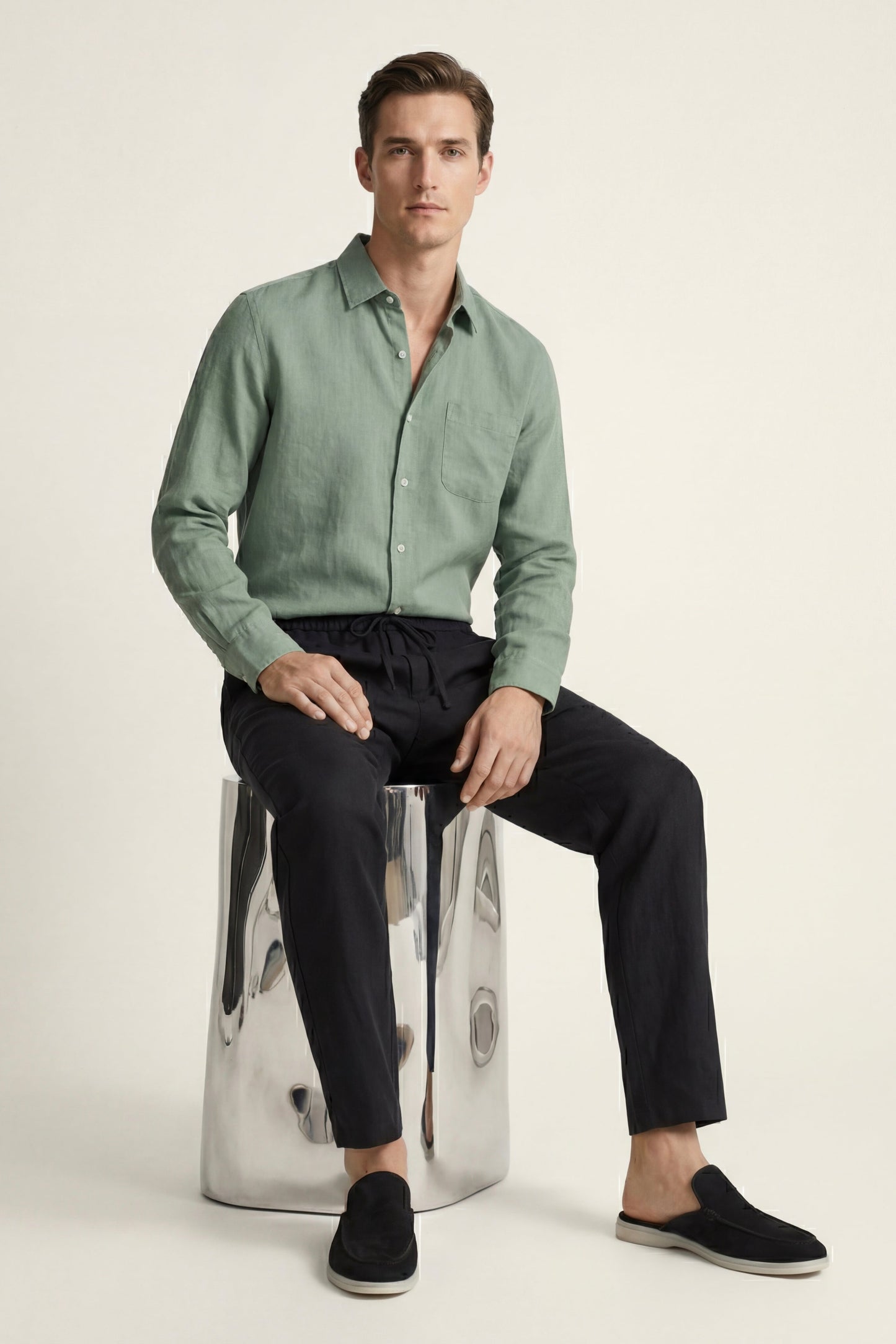 Pisa | Conjunto de Lino de Manga Larga — Verde/Negro