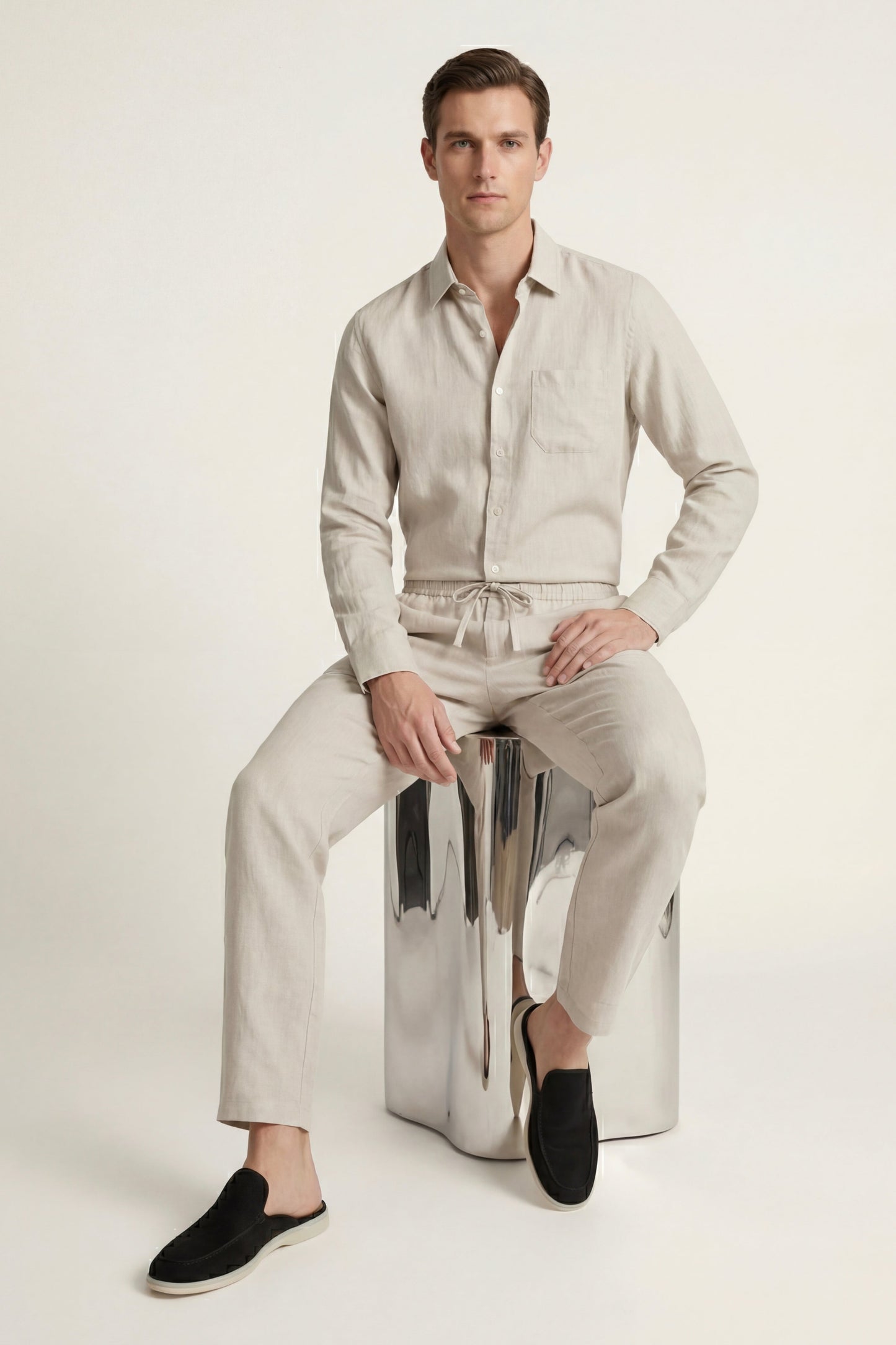 Pisa | Conjunto de Lino de Manga Larga — Beige/Beige