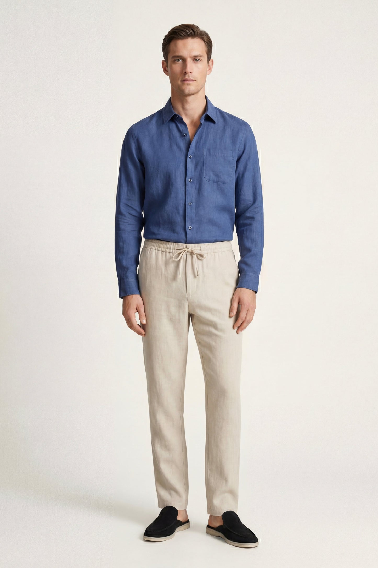 Pisa | Conjunto de Lino de Manga Larga — Azul/Beige