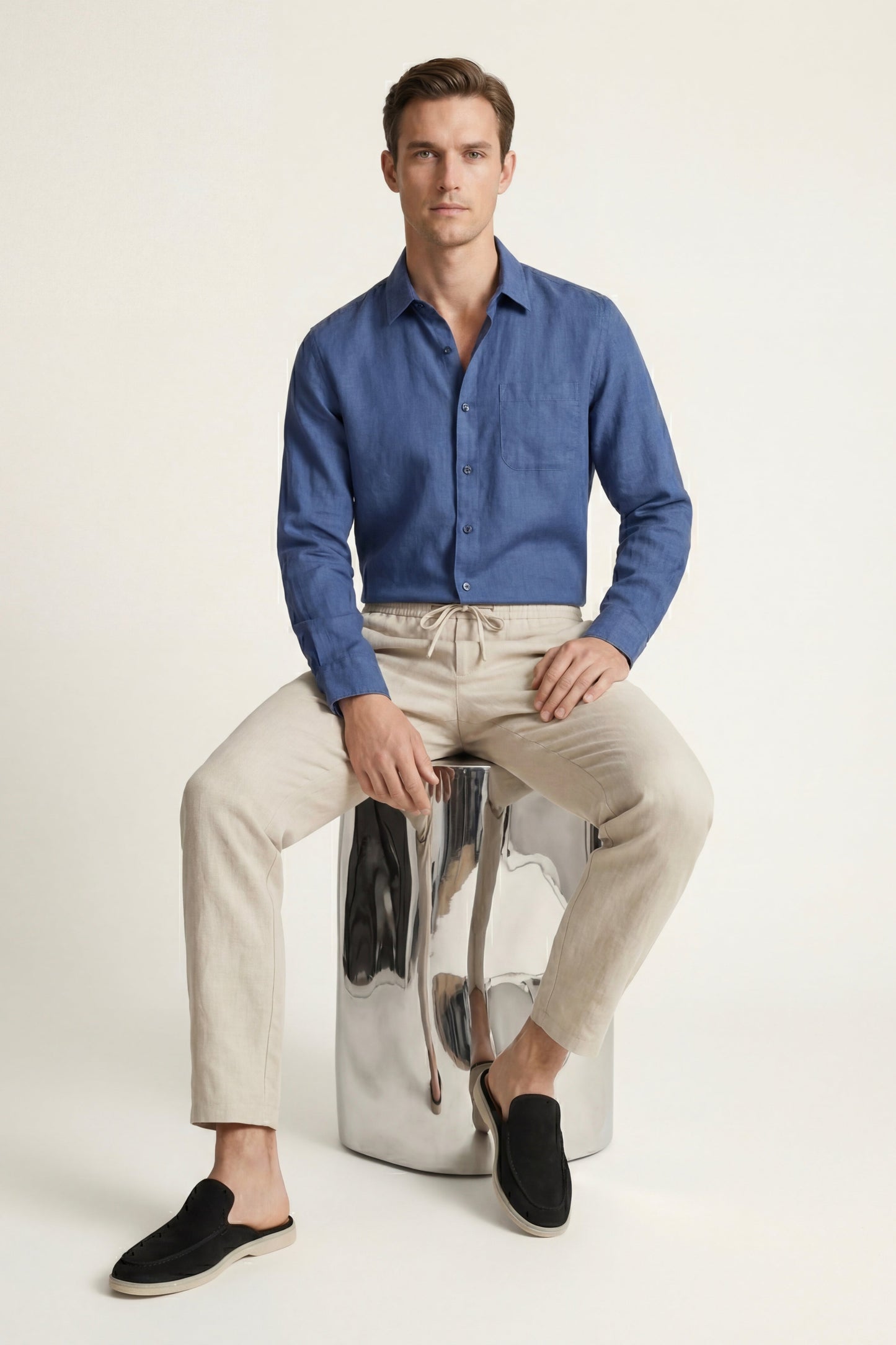 Pisa | Conjunto de Lino de Manga Larga — Azul/Beige
