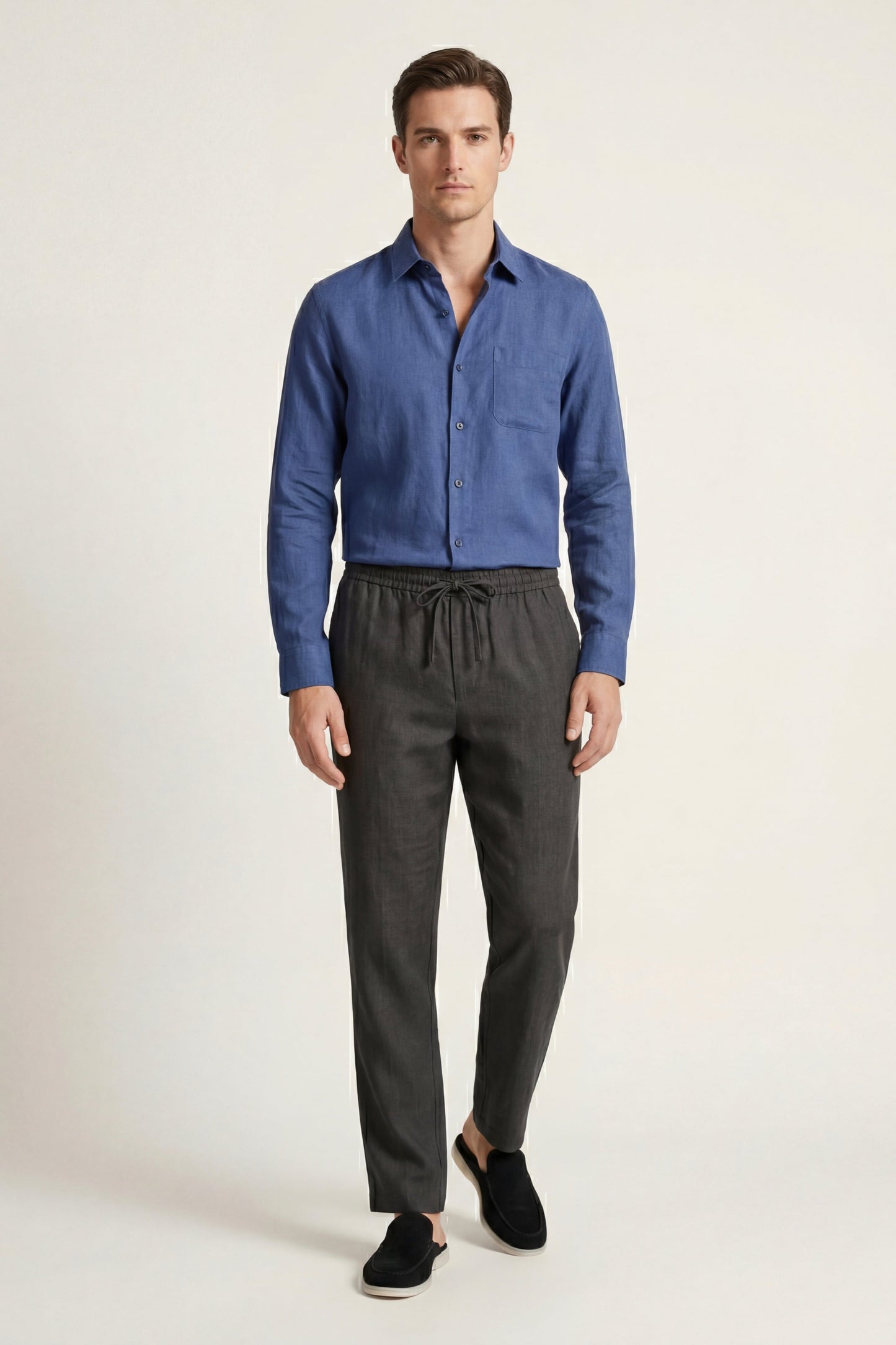 Pisa | Conjunto de Lino de Manga Larga — Azul/Negro